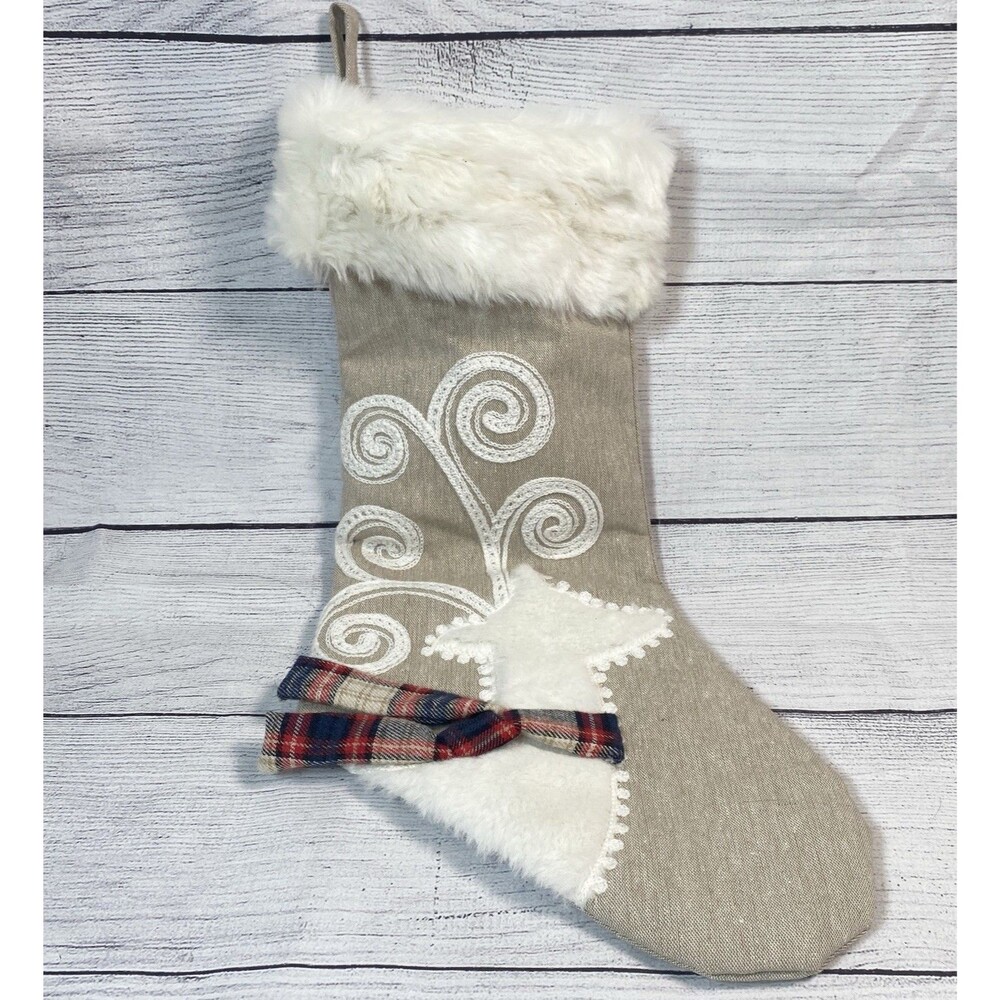 Ridgefield Home Christmas Stocking Tan Reindeer Plaid Scarf Faux Fur Trim 21"